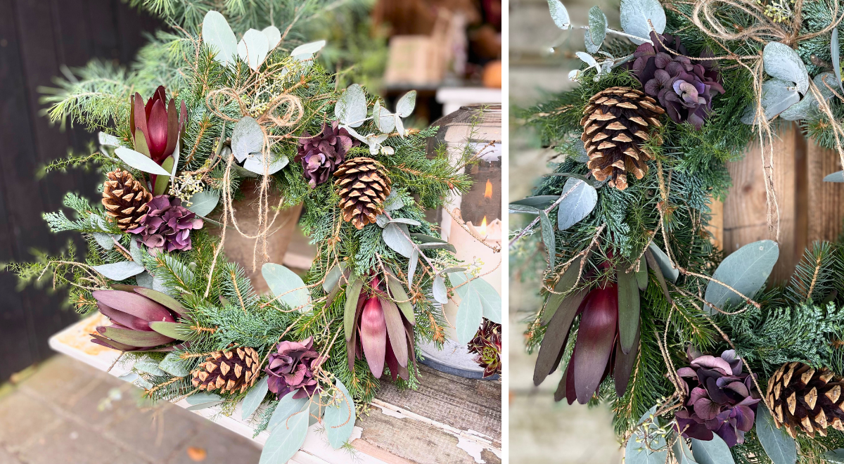 Krans fra blomsterbindings-juleworkshop i 2025