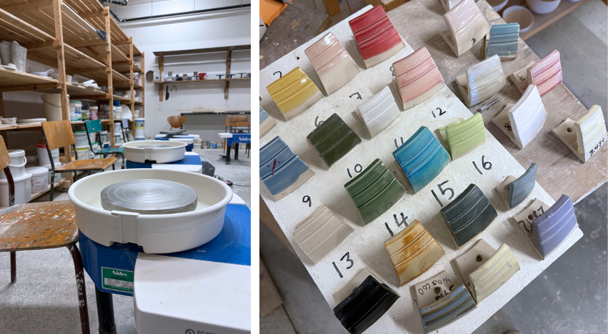 Vi har 7-8 elektriske støjsvage drejeskiver og altid mindst 20 (fødevaregodkendte) glasurer at vælge i mellem.